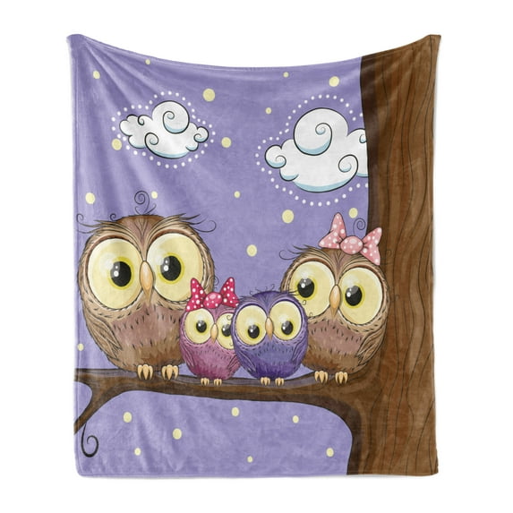 Bird Soft Flannel Fleece Blanket, Cartoon Style Owl Bird Family Mother Father Daughter Son Sitting on a Branch, Cozy Plush for Indoor and Outdoor Use, 50" x 70", Lavender and Brown, by Ambesonne