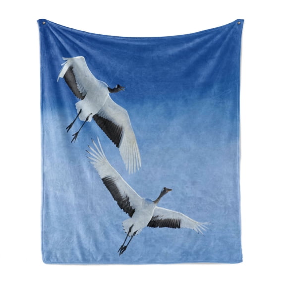 Bird Soft Flannel Fleece Throw Blanket, 2 Red Crowned Crane with Open Wings Flying in Clear Sky Japanese Animal Duo, Cozy Plush for Indoor and Outdoor Use, 70" x 90", Blue White Black, by Ambesonne