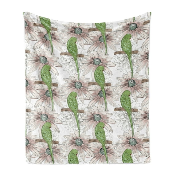 Bird Soft Flannel Fleece Throw Blanket, Continuous Birds and Flower in Vintage Sketch Style, Cozy Plush for Indoor and Outdoor Use, 50" x 60", Olive Green Salmon, by Ambesonne