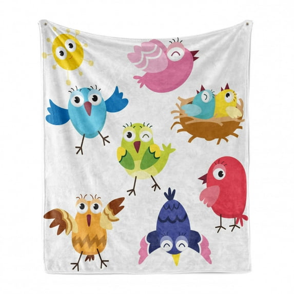 Bird Soft Flannel Fleece Throw Blanket, Funny Happy Colorful Birds and Sun in Cartoon Style Toddler Kids Nursery Theme, Cozy Plush for Indoor and Outdoor Use, 70" x 90", Multicolor, by Ambesonne