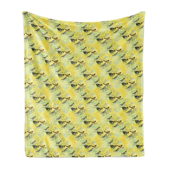 Bird Soft Flannel Fleece Throw Blanket, Little Birds on Spring Branches in Watercolor Style Repetitive Pattern, Cozy Plush for Indoor and Outdoor Use, 50" x 60", Yellow and Multicolor, by Ambesonne