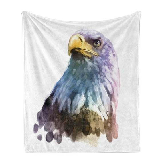 Bird Soft Flannel Fleece Throw Blanket, Watercolor Bald Eagle Patriotic American Hand Drawn Animal with Brush Marks Effect, Cozy Plush for Indoor and Outdoor Use, 60" x 80", Multicolor, by Ambesonne