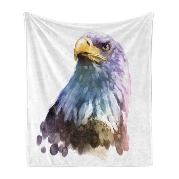 Bird Soft Flannel Fleece Throw Blanket, Watercolor Bald Eagle Patriotic American Hand Drawn Animal with Brush Marks Effect, Cozy Plush for Indoor and Outdoor Use, 70" x 90", Multicolor, by Ambesonne
