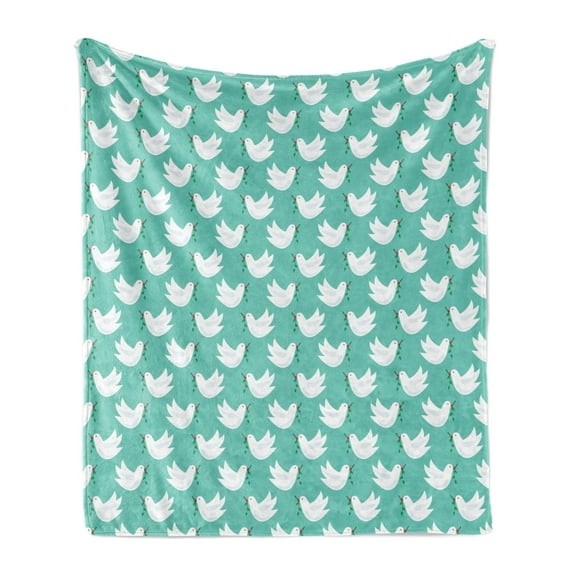 Bird Soft Flannel Fleece Throw Blanket, White Doves with Olive Branches Peace Hope and Pastel Illustration, Cozy Plush for Indoor and Outdoor Use, 50" x 70", Turquoise, by Ambesonne