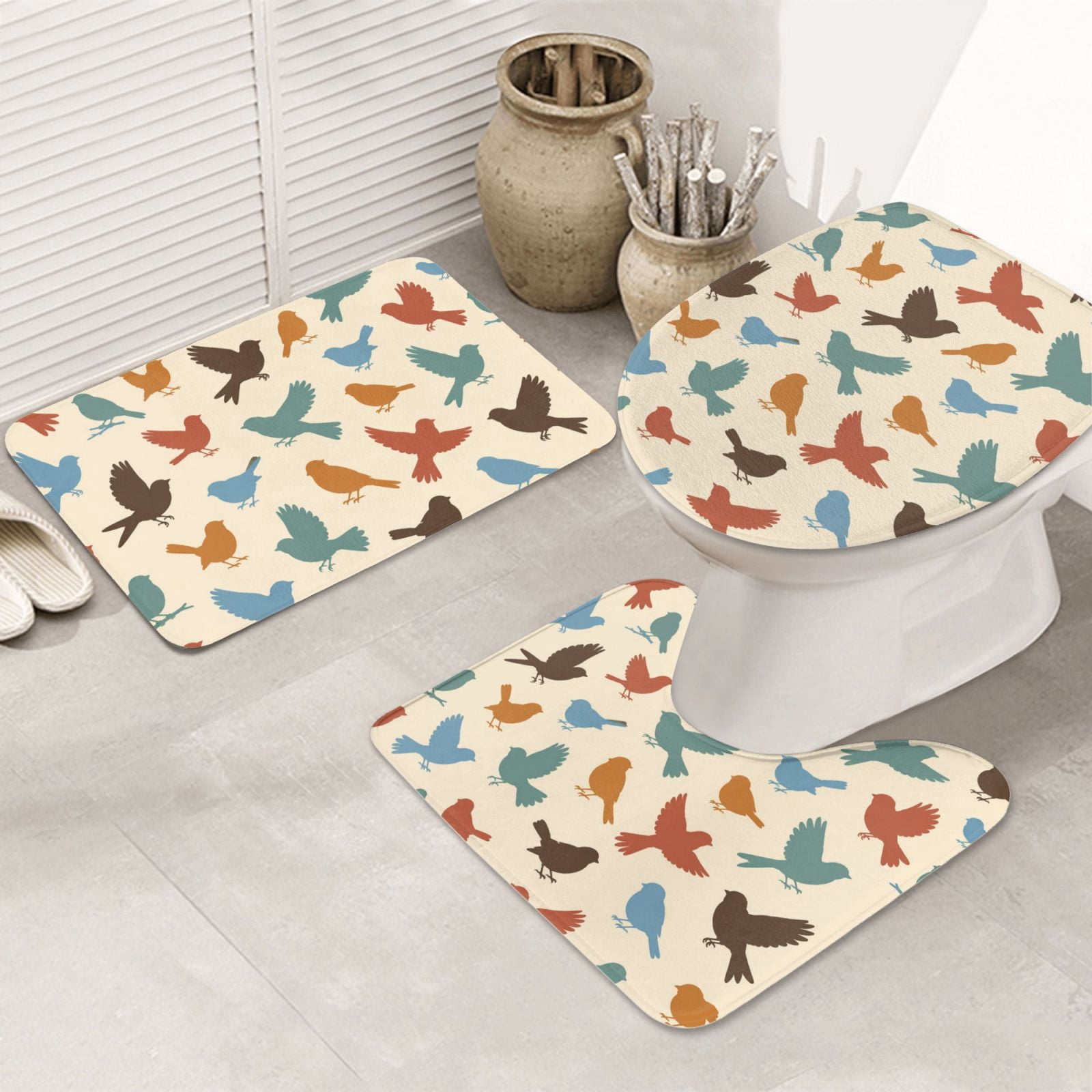 Bird Sparrow Silhouette Pattern 3-Piece Bathroom Rug Sets - Non-Slip ...