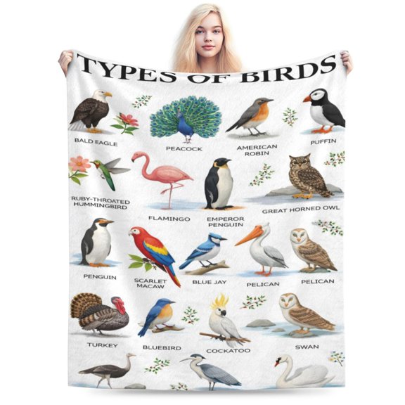 Bird Species Blanket Gift Throw Blanket Cozy Soft Colorful Bird Pattern Blanket Nature Home Decor Gift for Bird Lovers Bird Watching 50x40