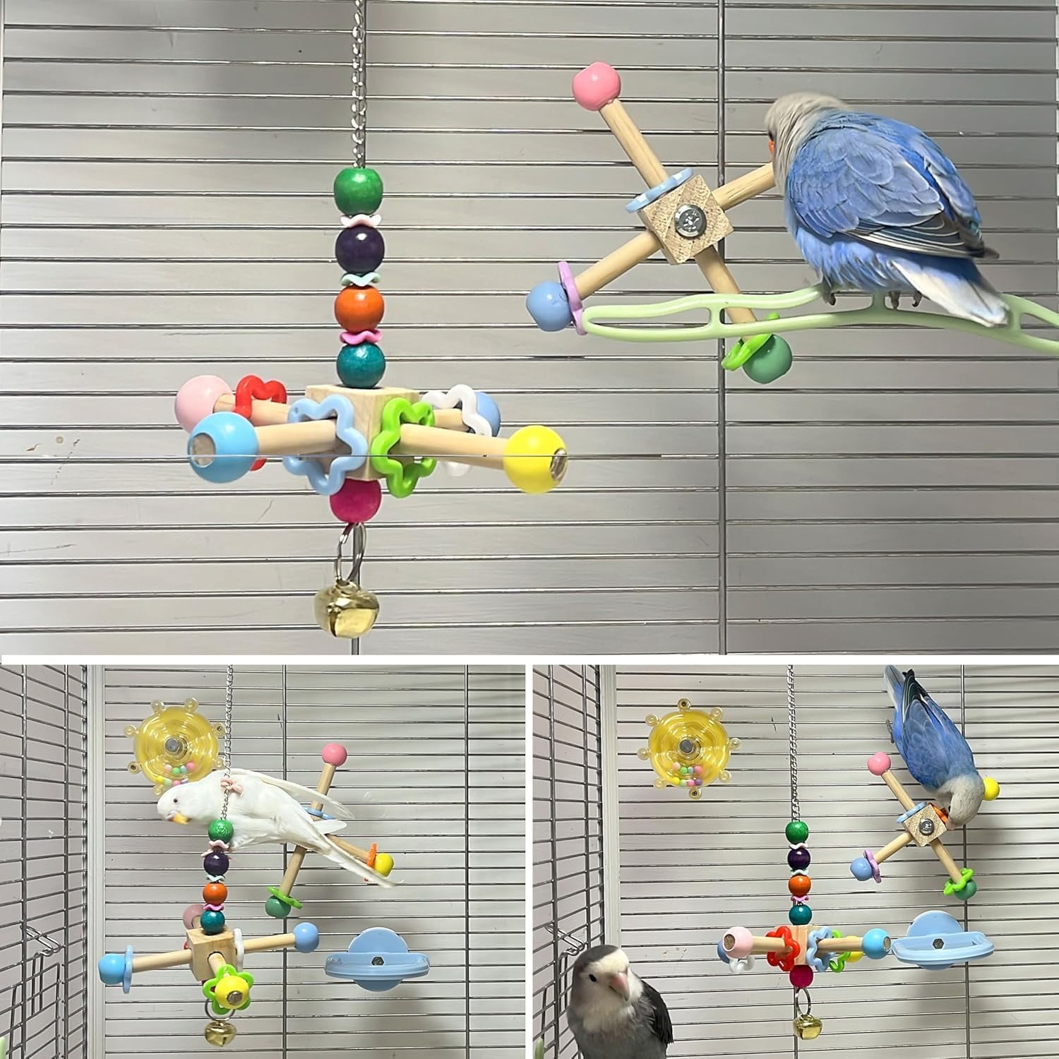 Bird Spinner Toys with Bells, Natural Wood Parakeet Toys for Cage, Chewing Hanging Toys for Birds
