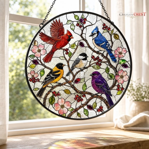 Bird Stained Glass Suncatcher Window Hanging - Colorful Cardinal & Bluebird Sun Catcher for Nature Lover Home Decor Gift