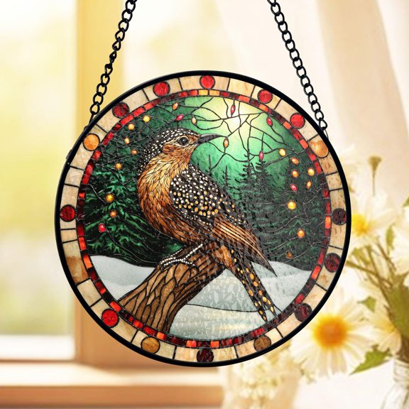 Bird Stained Glass Suncatcher, Winter Forest Bird Window Hanging Decor, Rustic Woodland Glass Panel, Nature Home Decor, Gift for Bird Lovers