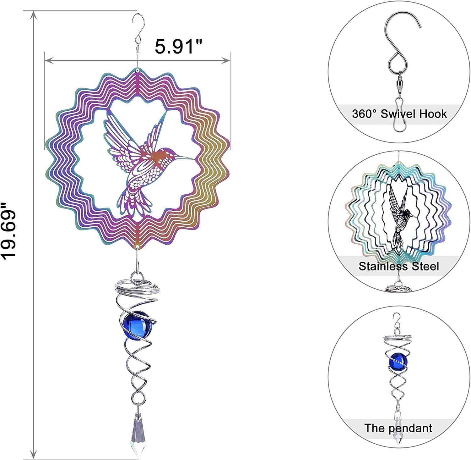 Bird Stainless Steel Wind Spinner with Wind Chimes 3D Hummingbird ...