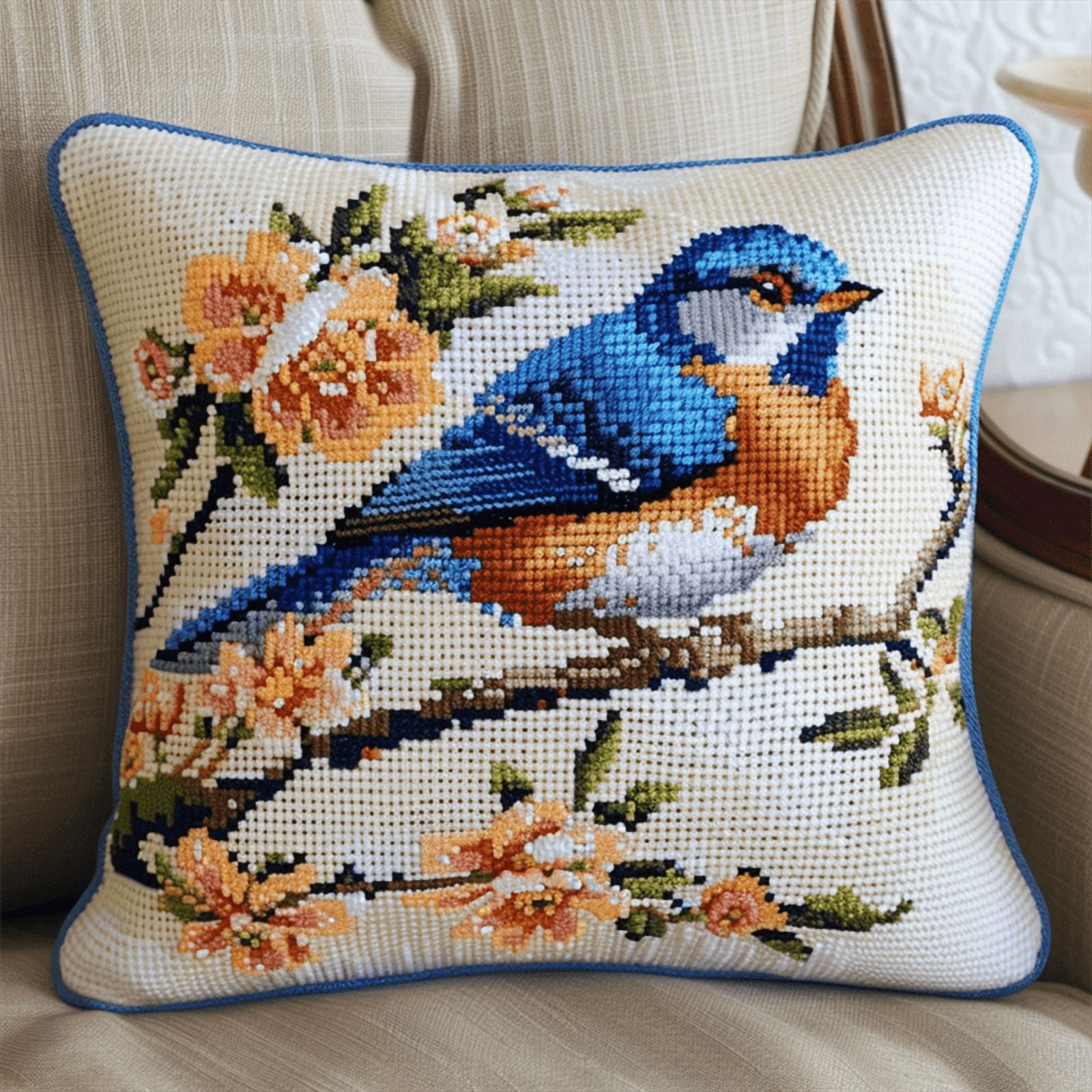 Bird Stamped Cross Stitch Pillow Case Kits for Adults , 17.72" x 17.72" , Handmade Embroidery Kit Needlepoint Home Decor for Sofa (11ct)