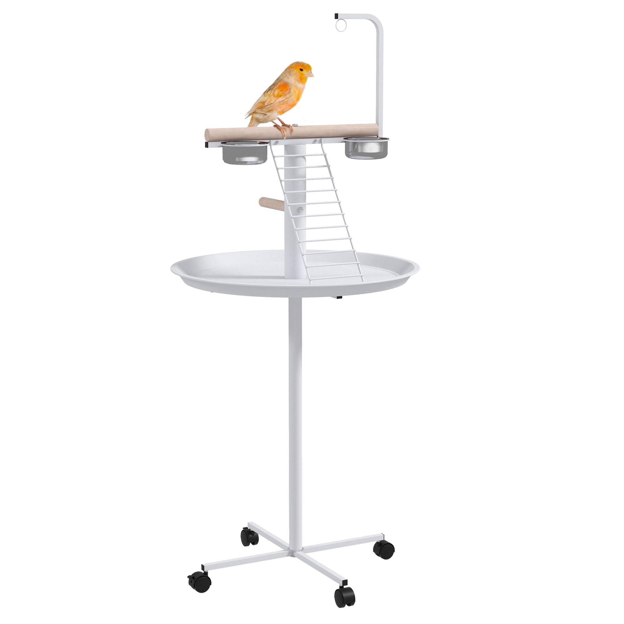 Bird Stand, Parrot Stand with Wheels, Perches, Stainless Steel Feed Bowls, Round Tray, Bird Play Stand for Indoor Outdoor, White