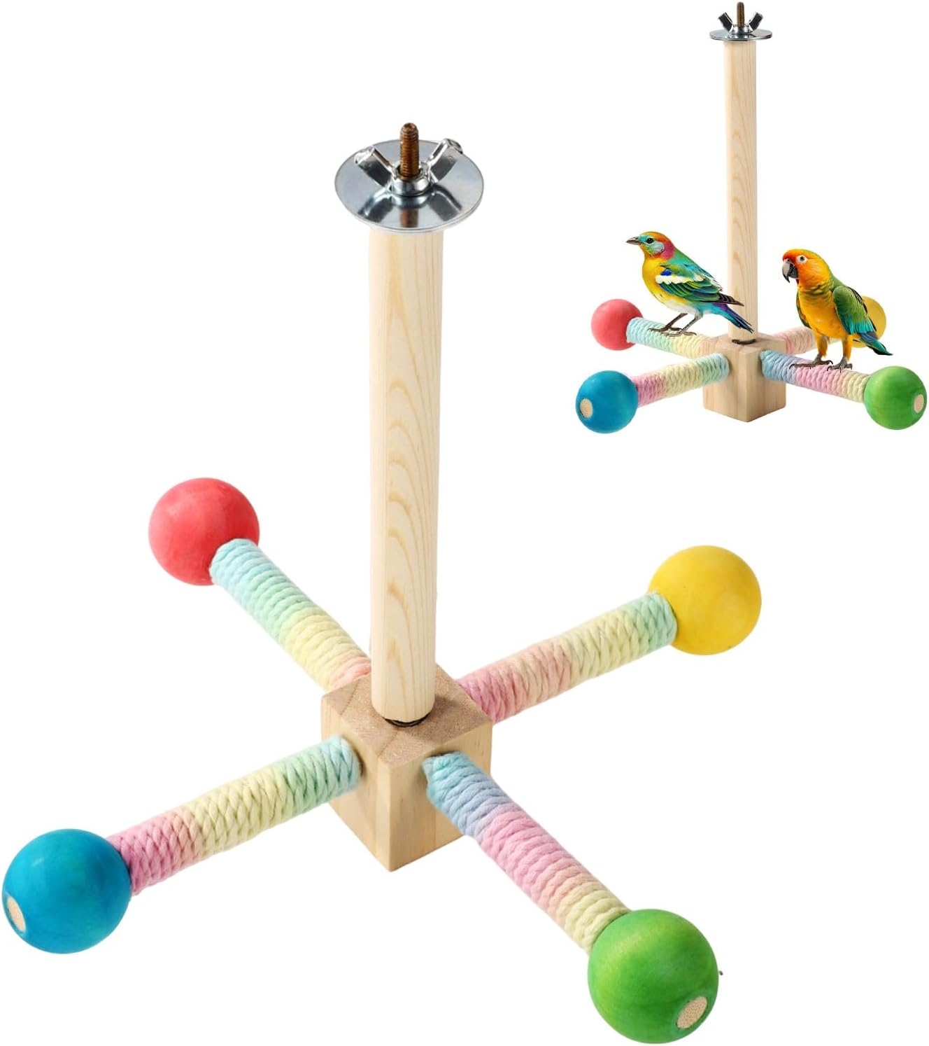 View of Bird Stand Perch, Colorful Wooden Parrot Perches For Cage Spinning ...
