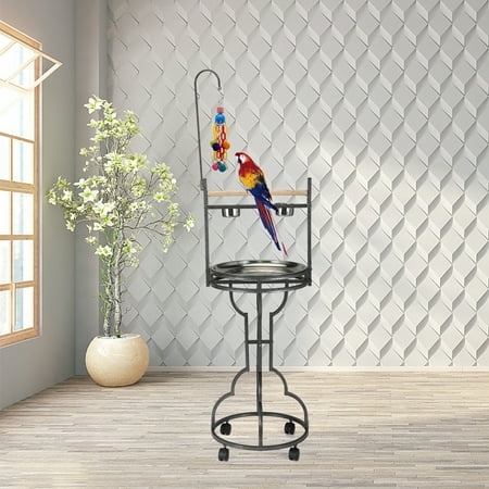 Bird Stand Rack with Solid Wood Perch, Feeding bowls, Waste Tray, Toy Hook and Casters, Black