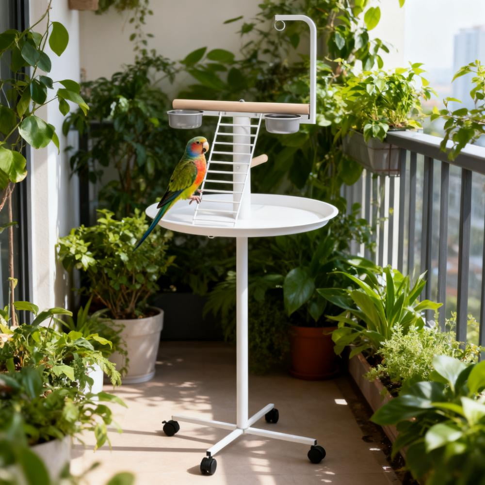 Bird Stand with Wheels, Feed Bowls, Round Tray,Bird Feeder Station