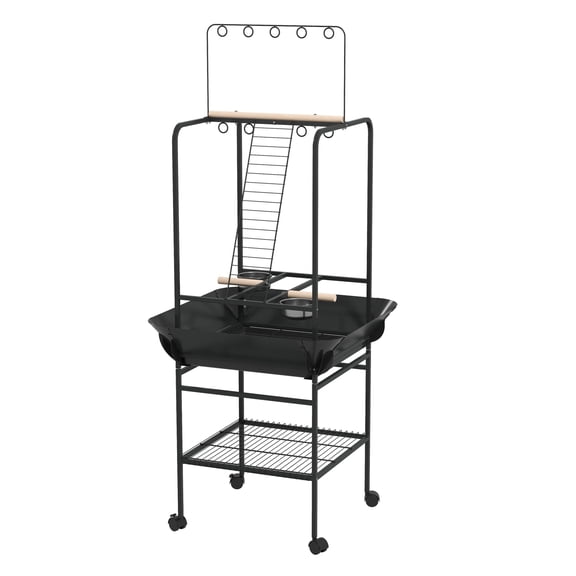 Bird Stand with Wheels, Perches, Bowls, Tray - Indoor Outdoor Parrot Play Gym - Small Bird Cage Alternative - Dark Gray