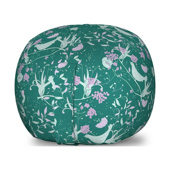 Bird Storage Toy Bag Chair, Rhythmic Valentines Birds on Dark Tone Background, Stuffed Animal Organizer Washable Bag, Small Size, Hunter Green Mint Green, by Ambesonne