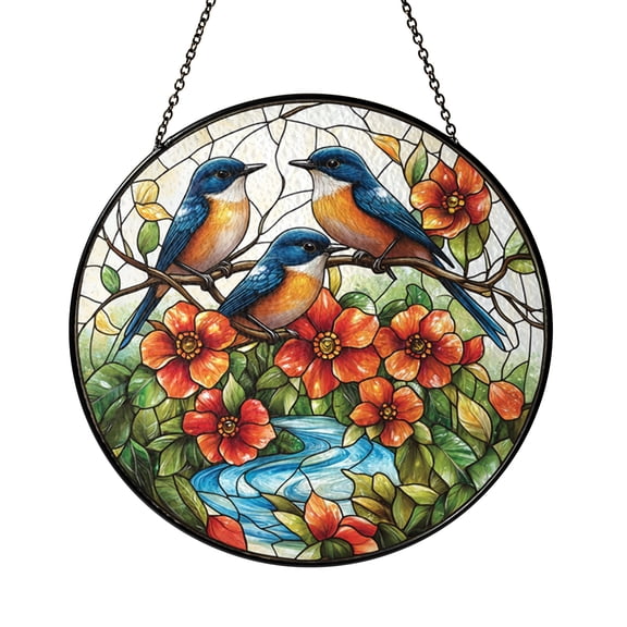 Bird Stream Decorative Stained Glass Style Suncatcher Window Hanging, Nature Glass Panel Art Window Ornament Home Decor