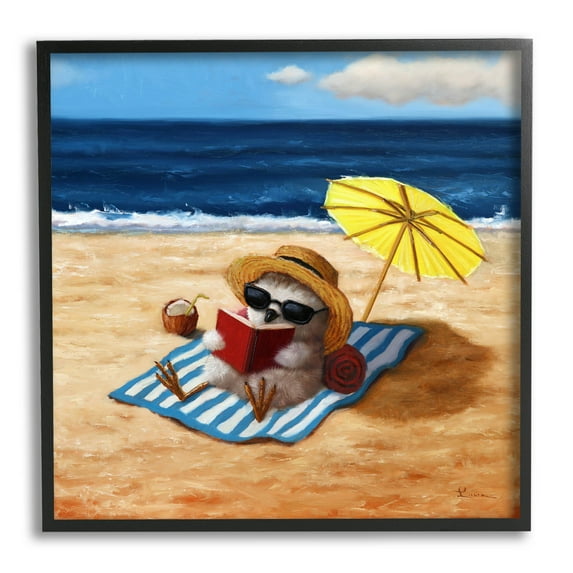 Bird Sunbathing Reading Beach Animals & Insects Painting Black Framed Art Print Wall Art