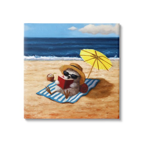 Bird Sunbathing Reading Beach Animals & Insects Painting Gallery Wrapped Canvas Print Wall Art
