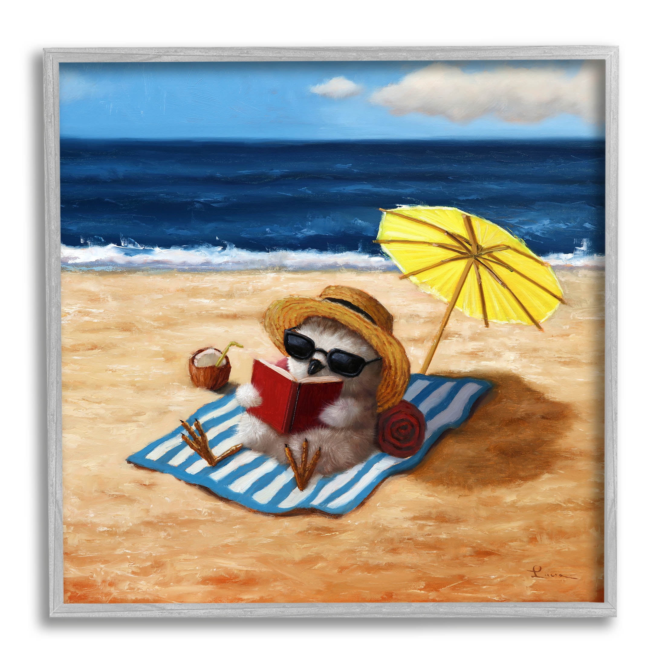 Bird Sunbathing Reading Beach Animals & Insects Painting Gray Framed Art Print Wall Art