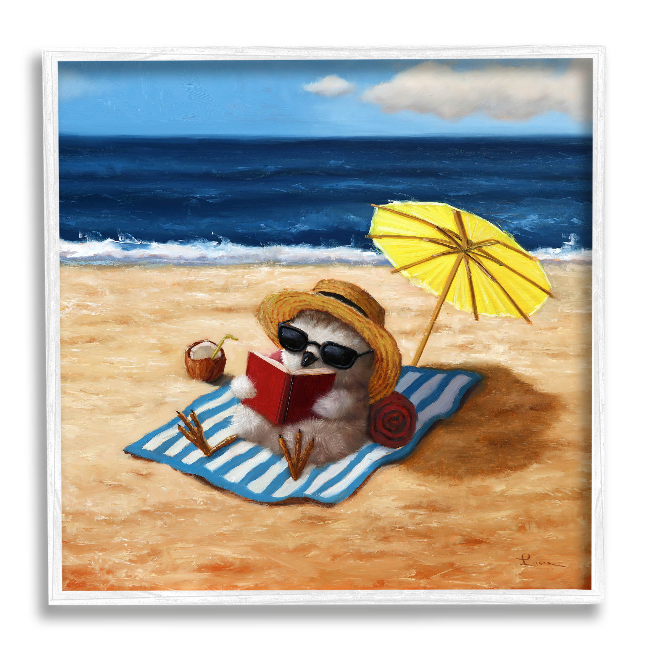 Bird Sunbathing Reading Beach Animals & Insects Painting White Framed Art Print Wall Art
