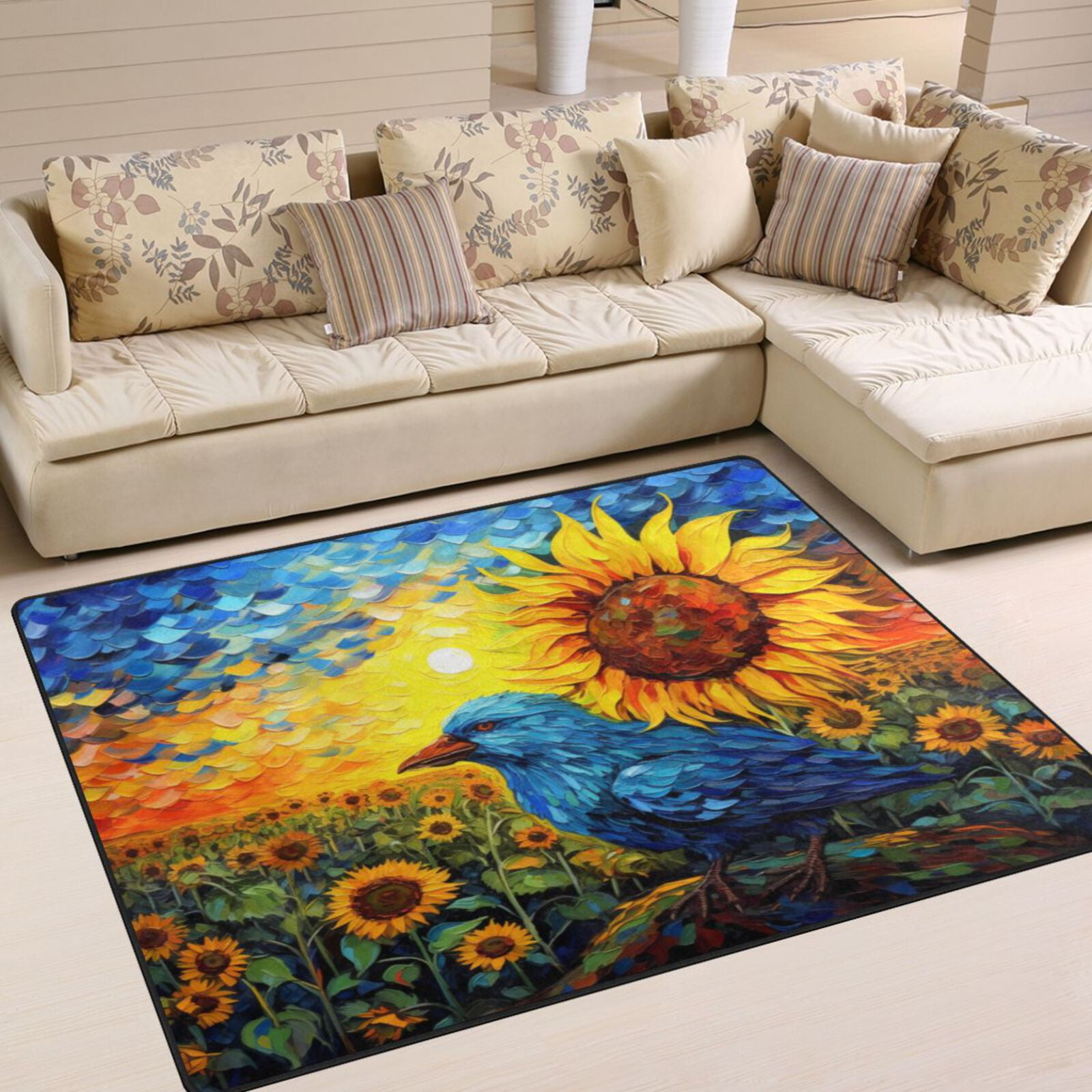 Bird Sunflowers Sun Area Rug Washable 80 x 58 Floor Carpet Mat Non Slip ...
