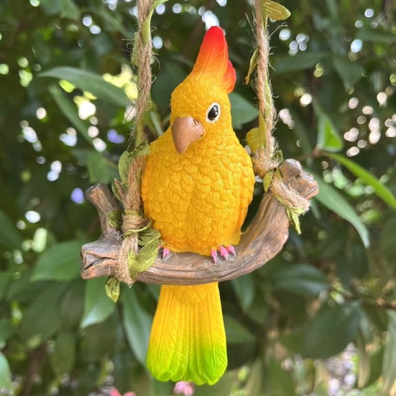 Bird Swing, 10inHanging, Resin Art, Yellow Figurine, Bird Decor, Outdoor Garden Decor, Hanging Garden Decor, Backyard, 1 Pc