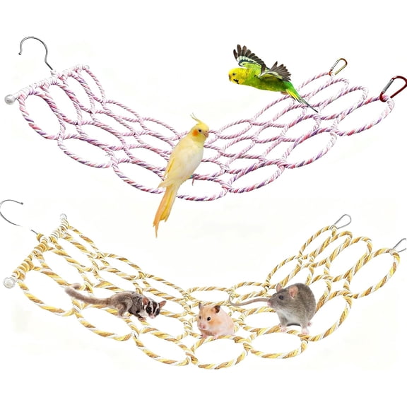 Bird Swing Climbing Rope Net Toys 14" x 24" Parakeet Hemp Rope Perch Swing Ladder Bridge Hanging Hammock Small Animal Activity Toy for Parrot Lovebirds Hamster Mice Rat Ferret (Random Color)(2 Pcs)