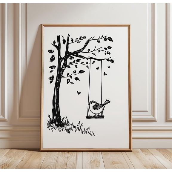 Bird Swing Minimal Line Art Black White Nature Home Wall Decor Unframed Paper Print
