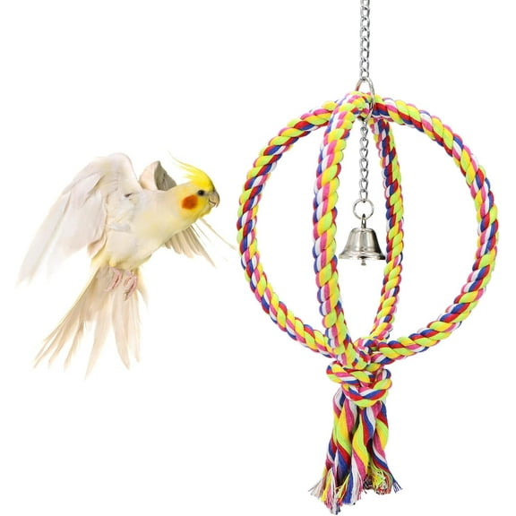 Bird Swing Perch Stand Cotton Rope 2 Two Rings Toy for Parrot Budgie Parakeet Cockatiel Conure Lovebird Finch Canary Cockatoo African Grey Macaw Eclectus Amazon Cage Accessories