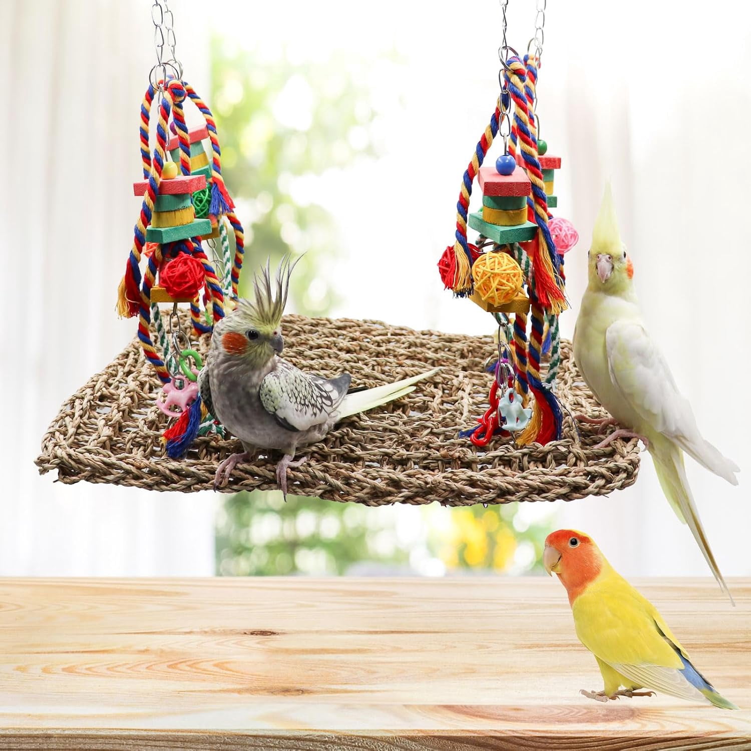 Bird Swing Toys, Colorful Parrot Seagrass Mat Hammock with Blocks, Foraging Toy, Cage Accessories for Small to Medium Birds