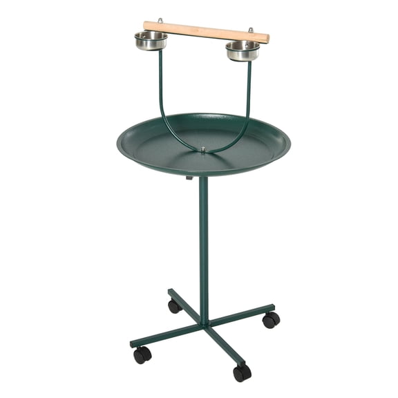 Bird T-Stand Perch - Rolling Activity Tree with Food Bowls - Parrot Playstand with Tray - Stainless Steel & Fir Wood