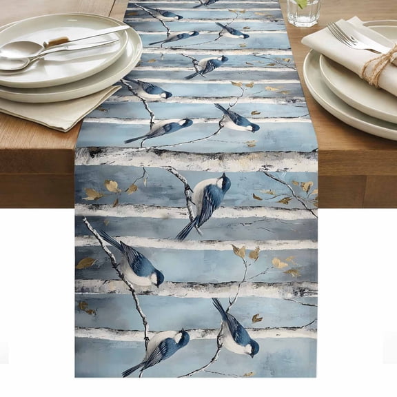 Bird Table Runner 13 x 36 Inch, Birch Tree Washable Cotton Linen Dining Table Runner Tabletop Decorations for Restaurant Home Kitchen Party
