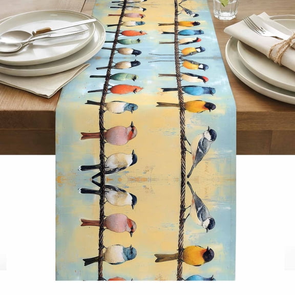 Bird Table Runner 13 x 36 Inch, Colorful Animal Washable Cotton Linen Dining Table Runner Tabletop Decorations for Restaurant Home Kitchen Party