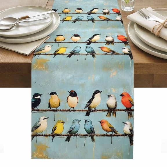 Bird Table Runner 13 x 48 Inch, Abstract Birds Washable Cotton Linen Dining Table Runner Tabletop Decorations for Restaurant Home Kitchen Party
