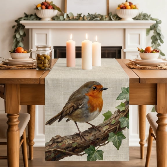 Bird Table Runner, Ivy Branch Animal Nature Rustic Linen Washable Cotton-linen Table Runners Dining Kitchen Decoration for Everyday Home Wedding Party Decor, 18 x72 Inch