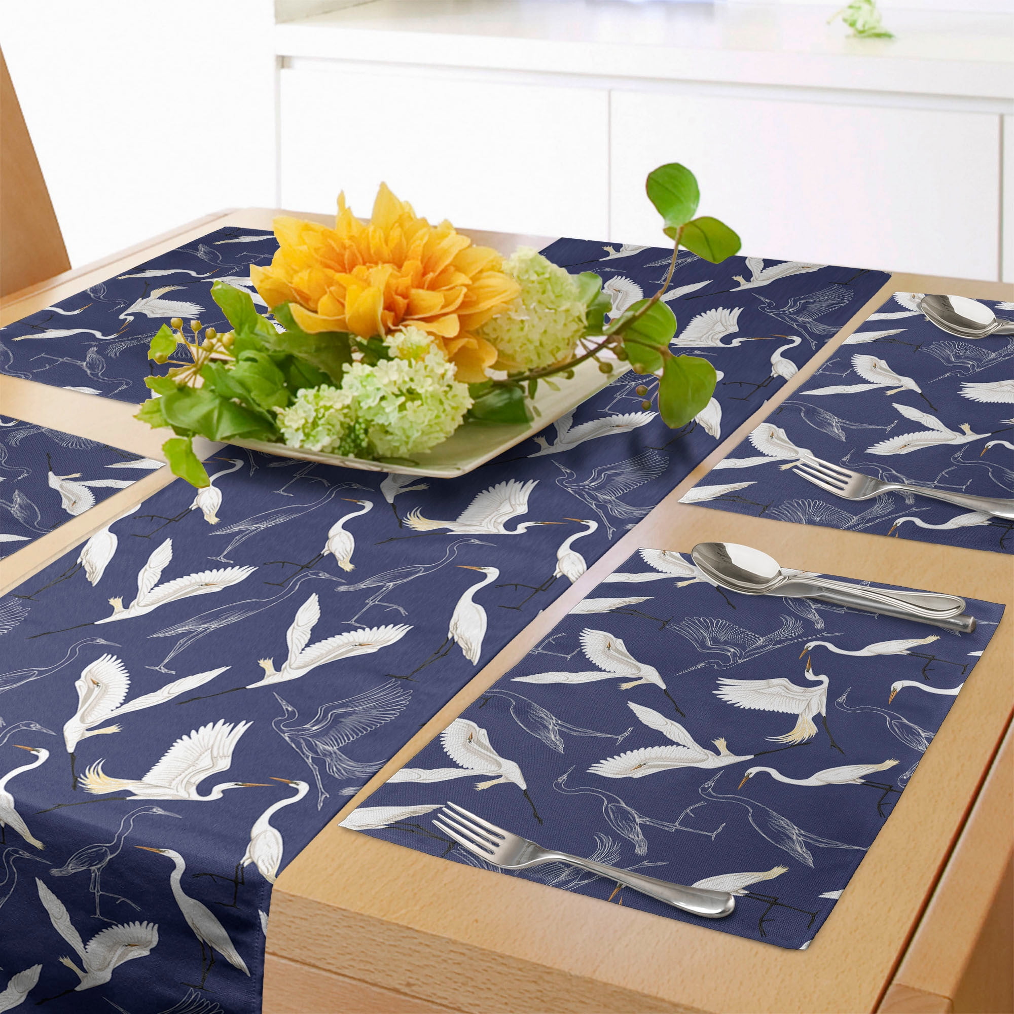 Bird Table Runner & Placemats, Repetitive Pattern of Cartoon Aquatic