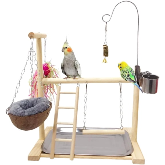 Bird Tabletop Playground, Bird Stand Fun Straw Bell Toy, Parrot Wooden Play Stand with Perch Ladder, Swing, Bell, Chewing Toy, Feeders, Tray & Coconut Shell Nest Hammock with Warm Cushion for Quaker
