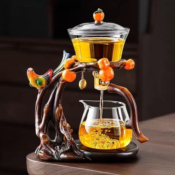 Bird-Themed Semi-Automatic Gongfu Tea Set - Glass Infuser with Ceramic