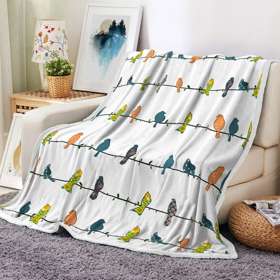 Bird Throw Blanket, Colorful Type of Birds Sitting and Chirping on Wires Musical Minimalist Throw Blanket, Modern Throw Flannel Blankets for Couch & Bed, Bird Blanket 50" x 60", Warm Blankets