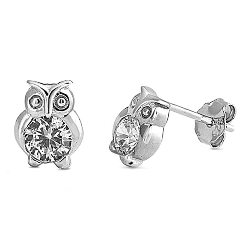 Bird Tiny Studded Owl Forest Critter Clear CZ .925 Sterling Silver Earrings Jewelry Female