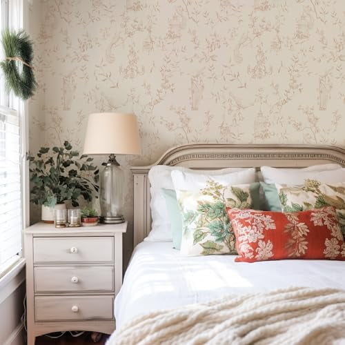 Bird Toile Peel and Stick Wallpaper French Country Style for Farmhouse Decor Light Brown and Beige Pink Hue - Made from Fabric Canvas - Easy Installation and Works on Textured Wall