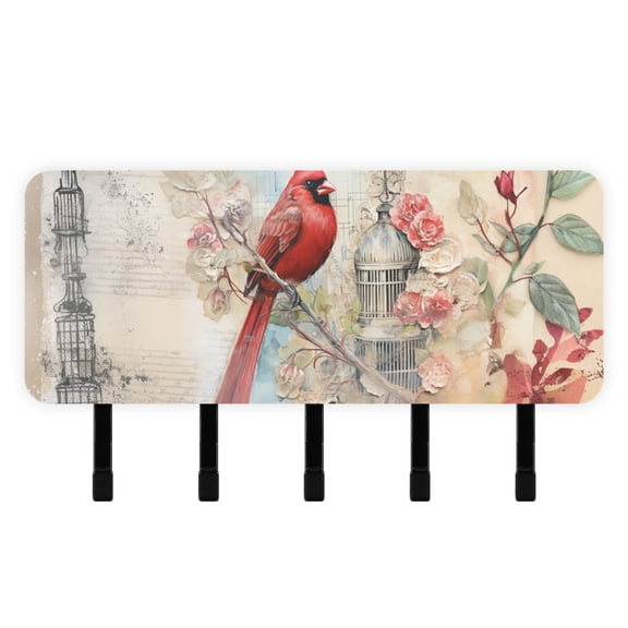 Bird Tower Flowers Mail Holder Organizer Wall Mount with Shelf Key Holder Key Rack with 5 Key Hooks for Wall Decorative