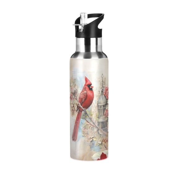 Bird Tower Flowers Sports Water Bottle with Straw Lid Insulated Stainless Steel Leak Proof BPA Free Thermal Mug with Handle for Gym Yoga Cycling Camping