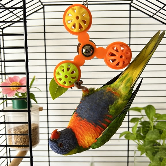 Bird Toy Colorful Windmill Rotating Interactive Parrot Toy For Bird Cage Movement And Boredom Relief(Orange-11X9.5X4Cm)