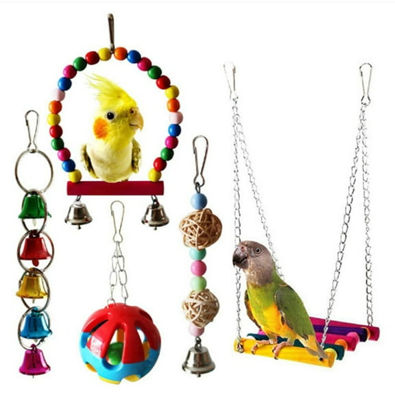 Bird Toys 5 Pack Parrot Toys for Small Parakeets Cockatiels Conures Finches Swing Chewing Hanging Bell Cage Hammock Toy by Fakrich