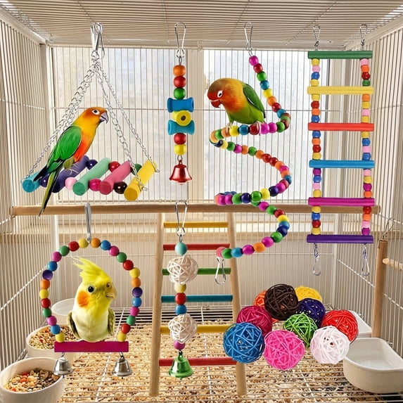Bird Toys, Bird Cage Accessories, Parakeet Toys Colorful Chew Toy Set With Swings Blocks Bells Ladders, Natural Safe Supplies For Small Medium Birds