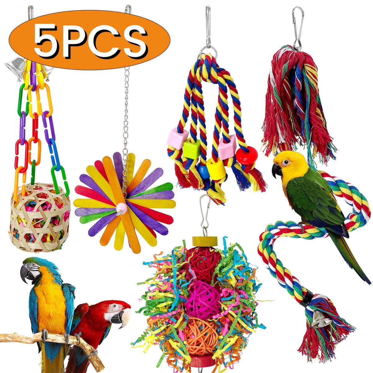 Bird Toys Bird Perch Parakeet Toys with Bell Colorful Bird Chewing Shredding Foraging Swing Climbing Hanging Toys Bird Cage Accessories 5Pcs