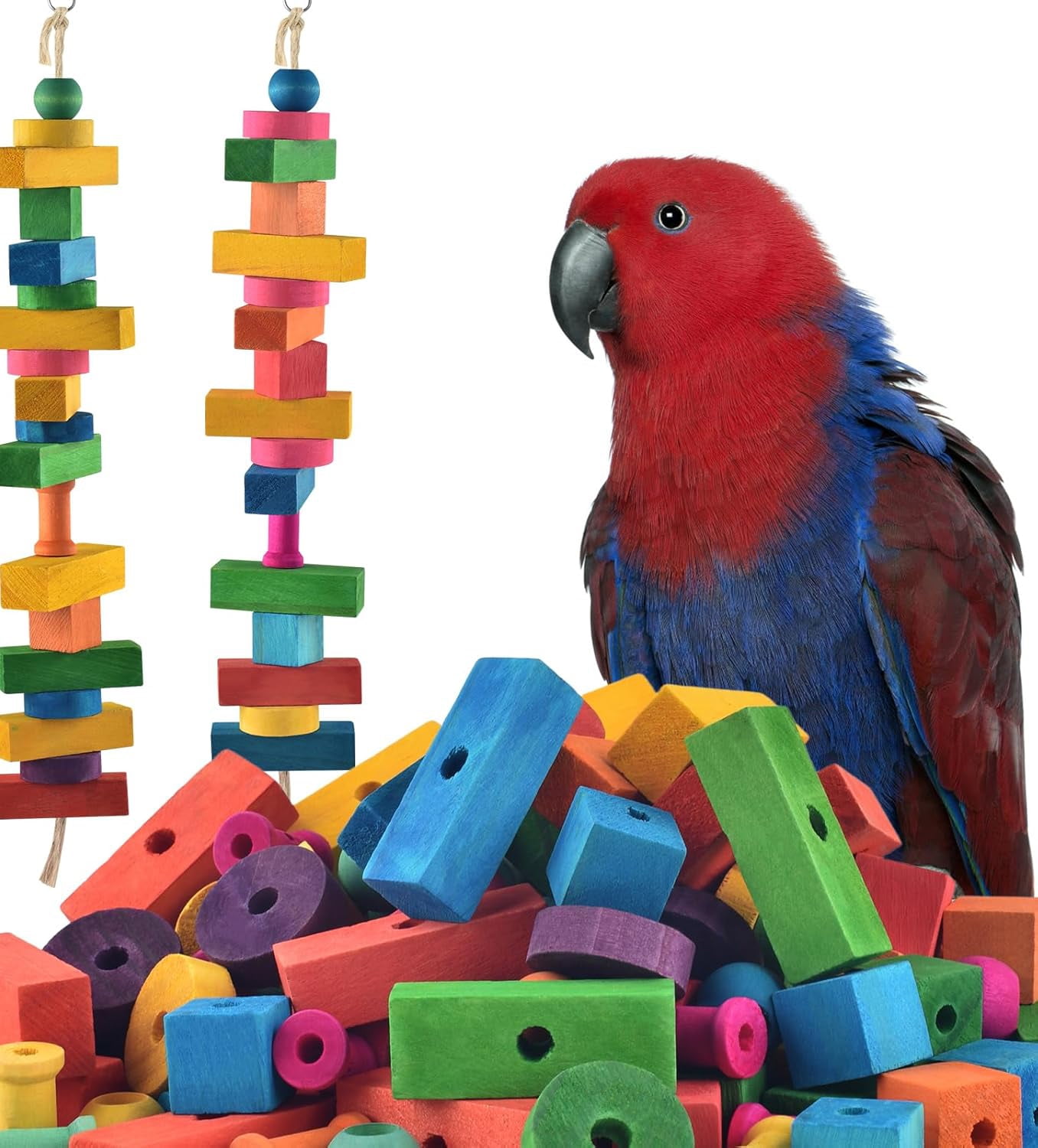 Bird Toys, Colorful Multi-Shaped DIY Wooden Blocks Craft, Chewing Playing Toy for Parrots